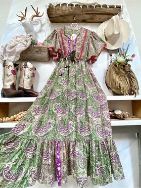 Purple green SILK Paisley Boho copper accents Dress Gypsy southwestern vibe